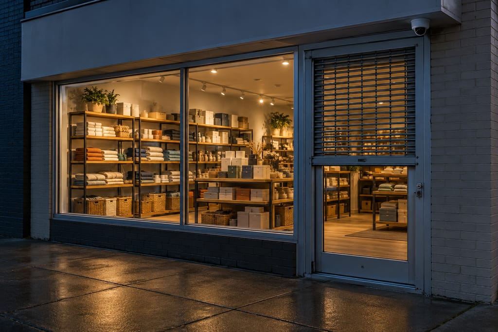 a small shop closed for the night, its display window lit, a security grille half down over the door and a camera above it